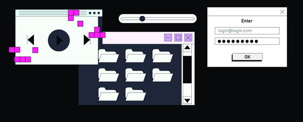 Set of flat retrowave UI and UX elements: dialog box, tab, button, modal window.