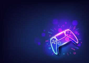 Wall Mural - Neon game controller or joystick for game console on blue background.