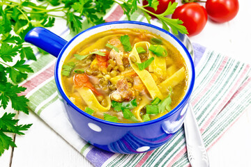 Poster - Soup with mung and noodles in blue bowl on white board