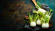 Vegan food. Raw Fresh fennel bulbs, ready to cook. Healthy food. Top view. Free space for your text.