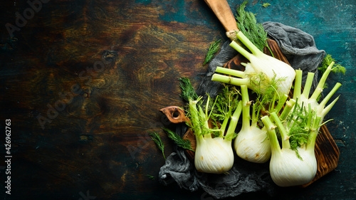 Obraz Dibond Vegan food. Raw Fresh fennel bulbs, ready to cook. Healthy food. Top view. Free space for your text.