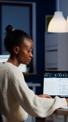 Poster - Engineer constructor designer architect creating new bluilding plan in CAD program working in business office. Industrial woman employee studying prototype idea showing cad software on device display