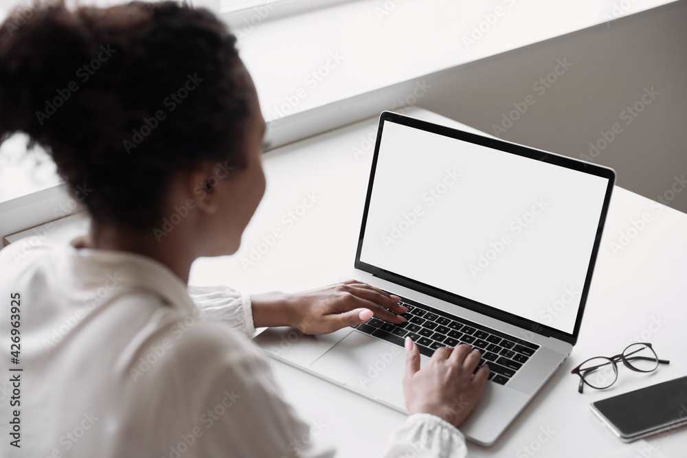 Young woman using laptop computer at home. Business woman working in office. Freelance, student lifestyle, e-learning, studying, web site, technology and online shopping concept	 - obrazy, fototapety, plakaty 