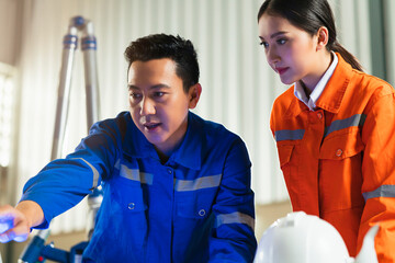 engineer cooperation two asian male and female technician maintenance inspect relay robot system wit