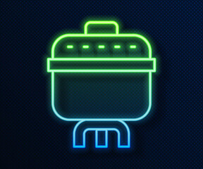 Sticker - Glowing neon line Cooking pot icon isolated on blue background. Boil or stew food symbol. Vector