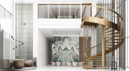 Poster - Reception hall in hotel The ceiling is high with mezzanine and spiral staircase view, there is a waiting area. Decorate Chinese style and pattern using wood and marble materials. 3d rendering
