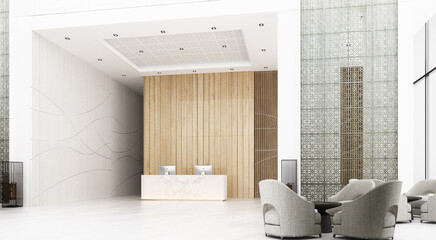 Poster - Reception hall in hotel The ceiling is high with mezzanine view, there is a waiting area. Decorate Chinese style and pattern using wood and metal materials with reception counter. 3d rendering