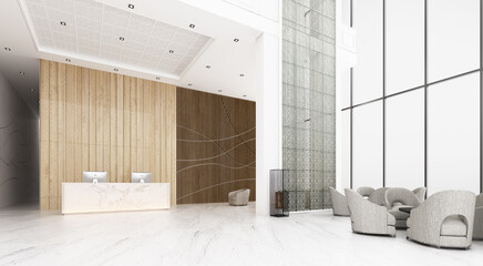 Poster - Reception hall in hotel The ceiling is high with mezzanine view, there is a waiting area. Decorate Chinese style and pattern using wood and metal materials with reception counter. 3d rendering