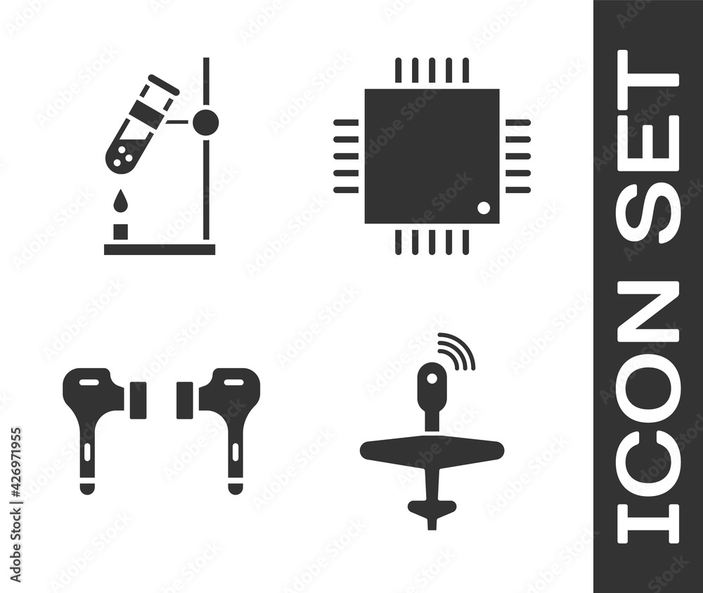 Set UAV Drone, Test tube flask on fire, Air headphones and Processor ...