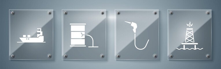 Poster - Set Oil rig with fire, Gasoline pump nozzle, Barrel oil leak and Oil tanker ship. Square glass panels. Vector