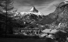 Black And White Panorama Of Swiss Alps With Village Below Perfect Rock Of Matterhorn 