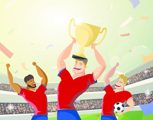 Winner team player holding soccer ball and Champion cup trophy in stadium. Vector illustration.