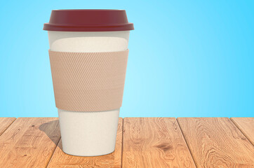 Poster - disposable cup with hot drink on the wooden planks, 3d rendering