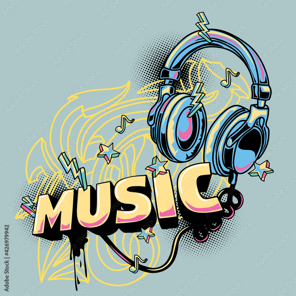 Music design - funky drawn headphones graffiti Stock Vector