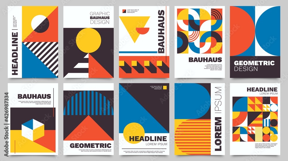 Bauhaus forms. Square tiles with modern geometric patterns with abstract figures and shapes. Contemporary graphic bauhaus design vector set. Circle, triangle and square lines art - obrazy, fototapety, plakaty 