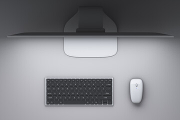 Fototapete - Desktop computer, wireless keyboard and mouse. View from above. Freelance topics.