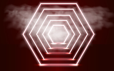 Leinwandbilder - Neon abstract red background with geometric shapes and clouds