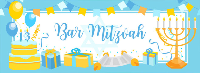 Wall Mural - Bar Mitzvah invitation or congratulation card. jewish holiday, 13 year old boy's birthday vector illustration