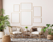 Farmhouse Interior Living Room, Gallery Wall Frame Mockup In White Room With Wooden Furniture And Lots Of  Green Plants, 3d Render