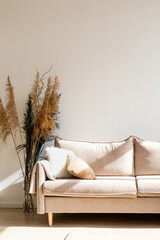 Beige sofa against white wall, empty copy space in simple and modern living room interior, sunlight and shadows