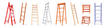 Ladder Construction. Realistic Wooden And Metal Staircase Equipment, 3D Stepladder Collection. Isolated Vertical Tools For Climbing. Repairs Instruments With Steps. Vector Stairways Set