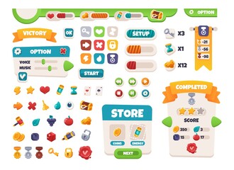 Aufkleber - Game UI buttons. Mobile application interface elements. Cartoon colorful design. Progress bar, panel and indicators. Video gaming menu kit. Isolated medals and prizes. Vector arcade set