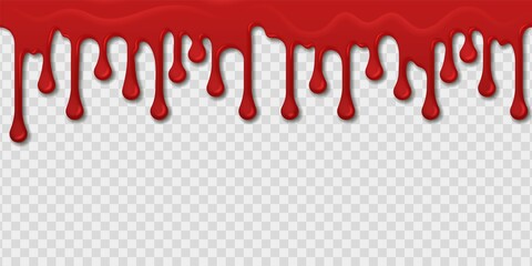 Poster - Blood seamless pattern. Realistic red paint drops and splashes on transparent background. Bleeding template. Bright spooky dripping border. Bloody oozing stain. Vector murder texture
