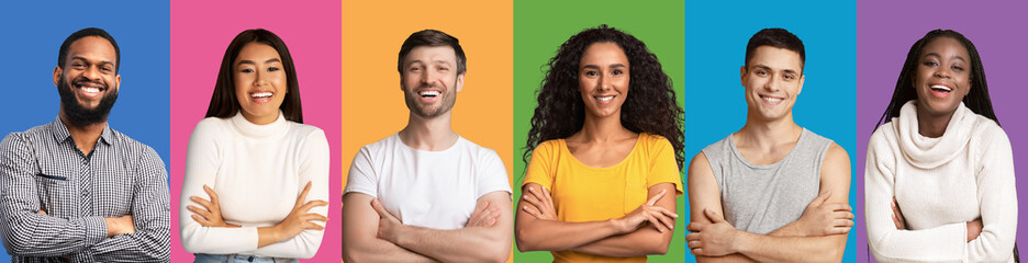 Composite collage of young people expressing positive emotions, panorama