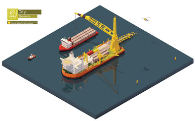 vector isometric pipe laying vessel. pipe lay ship building subsea oil or gas pipeline. big crane un