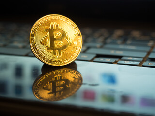 golden bitcoin on notebook background