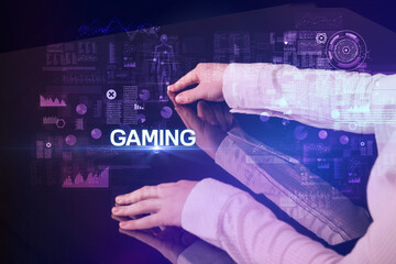 Poster - Businessman touching huge display concept