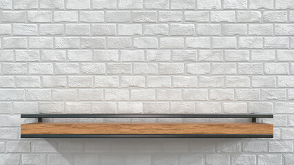 Loft style shelf on the white brick wall. 3d illustration