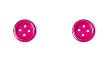 Pink Buttons On A White Background Close-up. Beautiful Bright Buttons Isolate For Cutting Out. Copy Space. Top View. Flat Lay. Button For Crafts.