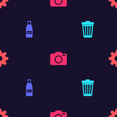 Sticker - Set Trash can, Glass bottle milk and cap, Photo camera and Cogwheel gear settings on seamless pattern. Vector