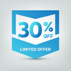 Wall Mural - 30% Blue Price Tag. Discount 30% OFF Web Button. Special Discount Offer 30% Sale Badge. Eps 10 vector illustration.