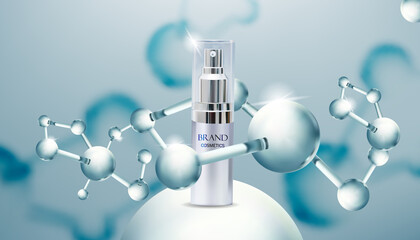 Beauty cosmetic product with molecule.cosmetics bottles mockup banner. Cosmetic packaging mockup design. vector illustration.