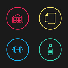 Sticker - Set line Dumbbell, Glass bottle milk and cap, Coffee cup and Warehouse icon. Vector