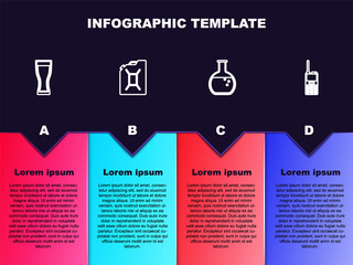 Sticker - Set line Glass of beer, Canister for gasoline, Test tube and flask and Walkie talkie. Business infographic template. Vector