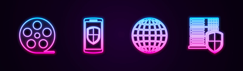 Fototapete - Set line Film reel, Smartphone with shield, Earth globe and Server. Glowing neon icon. Vector