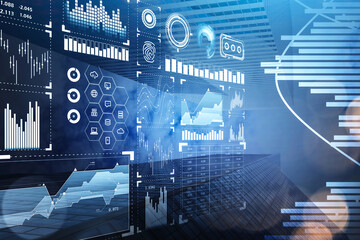 Poster - Hologram of digital interface with bar diagram and candlestick