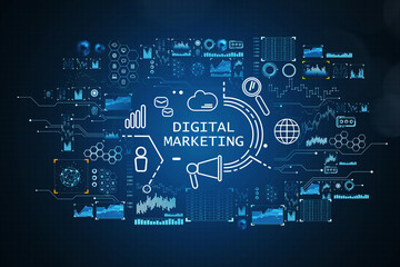Poster - Digital marketing hud, diverse glowing icons and network interface