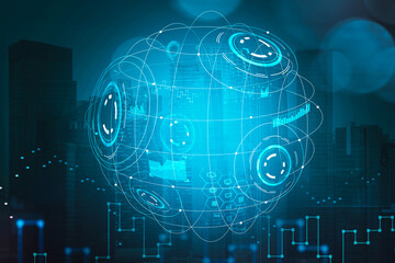 Fototapete - Digital blue hologram with globe and network icons and candlesticks
