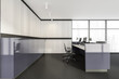 © ImageFlow - White and grey reception room interior, desk with computers on marble floor