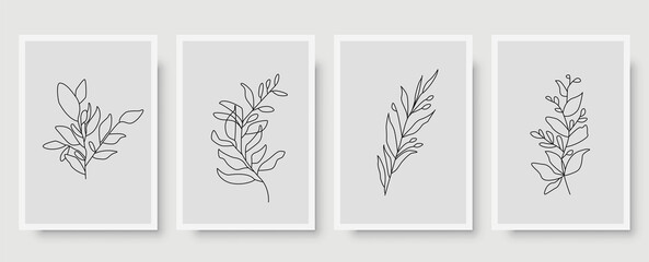 Wall Mural - Botanical wall art abstract vector set. Foliage line drawing. Neutral boho art print. Minimal mid century wall art print for bedroom decor. Gallery decor poster, terracota watercolor. Vector poster