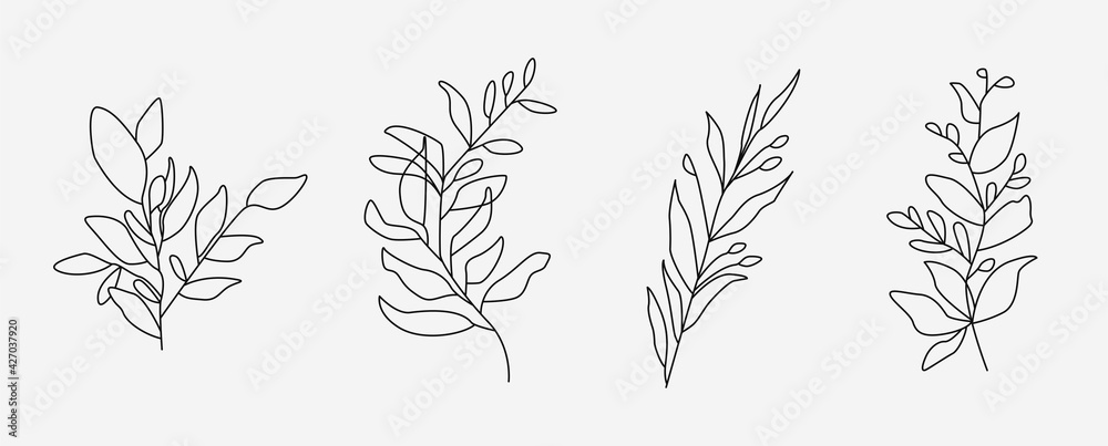 Set of flower icons on white background, isolated. Collection of floral signs for luxury minimalistic boho design. No fill and thin outlines plant symbols, garden and greenery with stem. Flower vector - obrazy, fototapety, plakaty 