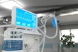Medical 3D illustration, ICU artificial lung ventilator with fictive design in therapy hospital with soft focus - stop 2019-ncov concept