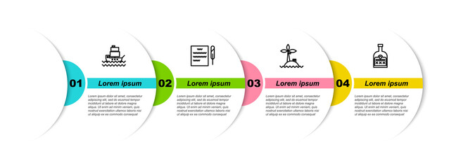 Sticker - Set line Ship, Feather pen and scroll, Tropical island in ocean and Alcohol drink Rum bottle. Business infographic template. Vector