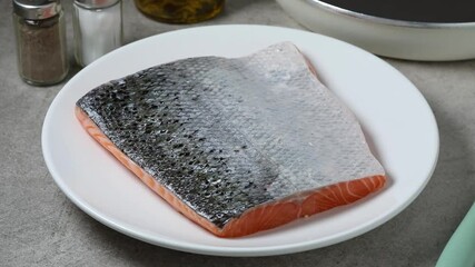 Wall Mural - Fresh raw organic salmon fillet skin side up close up