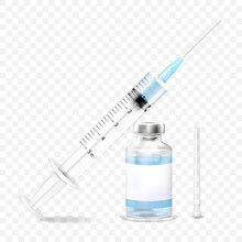 Medical Vials , Ampoule For Injection With A Syringe, Vector 3d Realistic Bottle And Syringe. Coronavirus Vaccine, Botox, Fillers, Injections