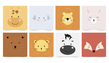 Set Of Cute Animals With Elephant,giraffe,lion,bear,fox,llama.Vector Illustration For Baby Invitation, Kid Birthday Invitation And Postcard